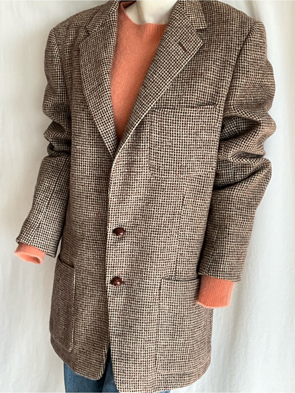 Vintage Harris Tweed Pure Scottish Wool Blazer Brown Flecked Oversized